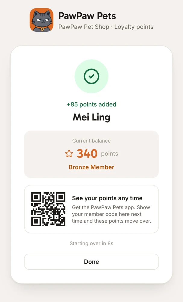 The counter screen after adding 85 points for a customer